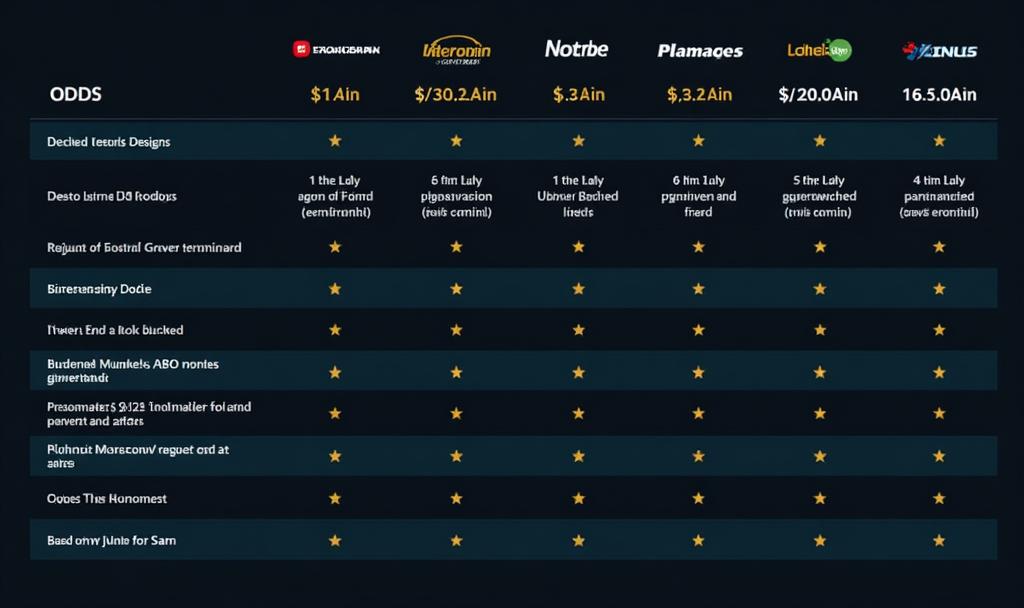 Comparison table showing different bookmakers with ratings, odds, and features side by side