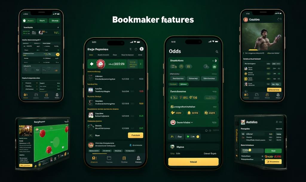 Visual representation of key bookmaker features including odds comparison, live betting interface, and mobile app screenshots