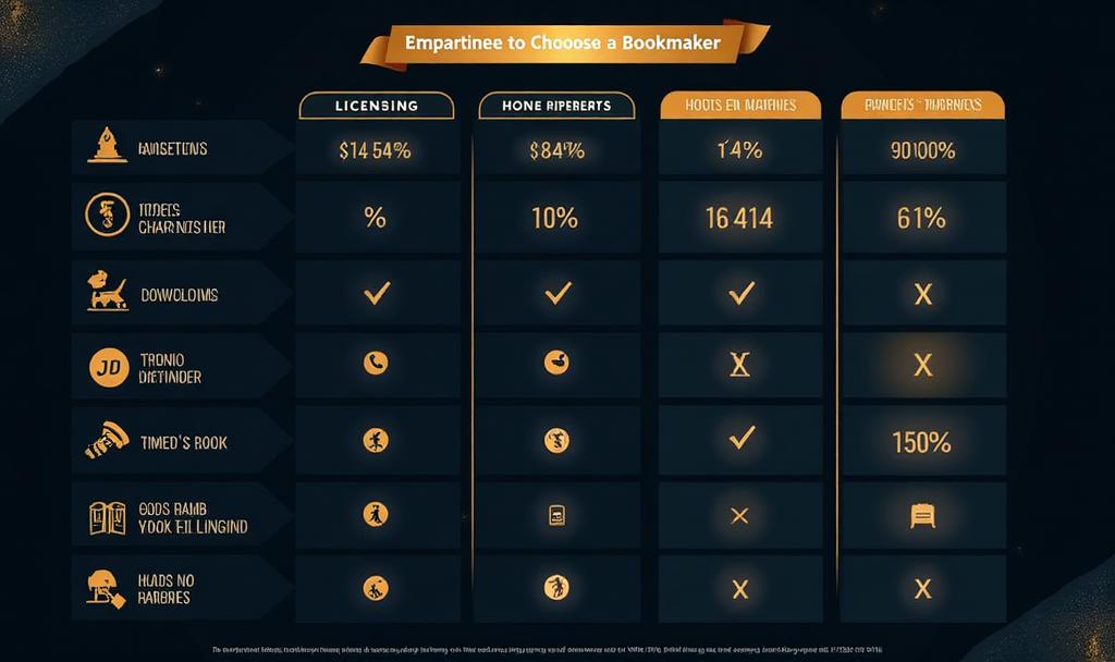 Comparison chart showing key factors for choosing a bookmaker including licensing, odds, markets, and customer support