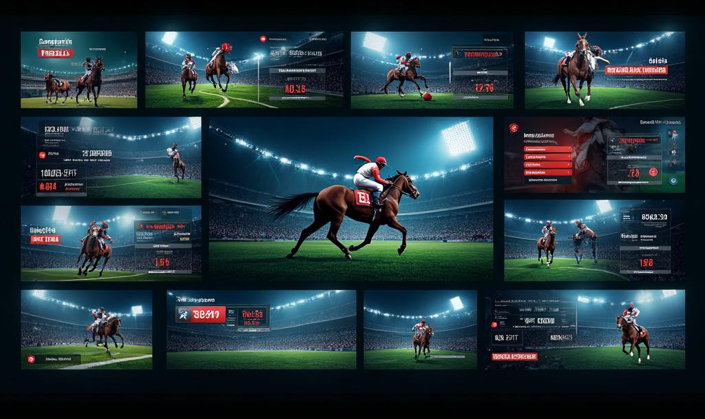 Collage of different sports betting types including football, horse racing, tennis, and live betting interfaces
